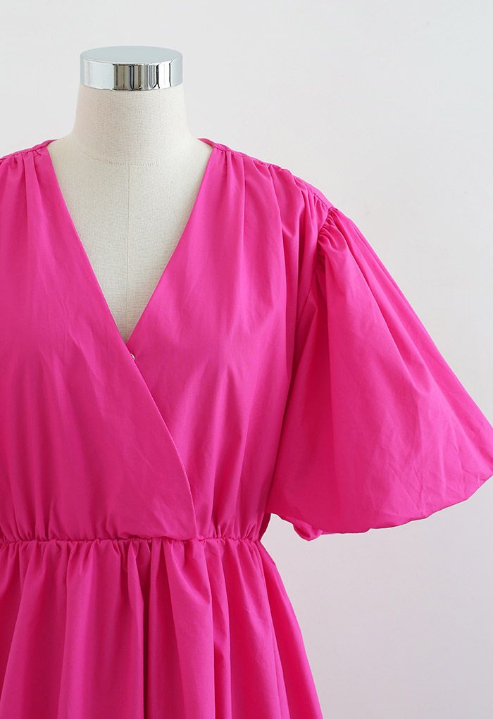 V-Neck Bubble Sleeves Cotton Dress in Hot Pink - Retro, Indie and