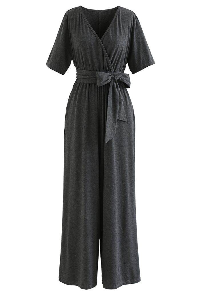 Short-Sleeve Belted Wide-Leg Cotton Jumpsuit in Smoke - Retro, Indie ...