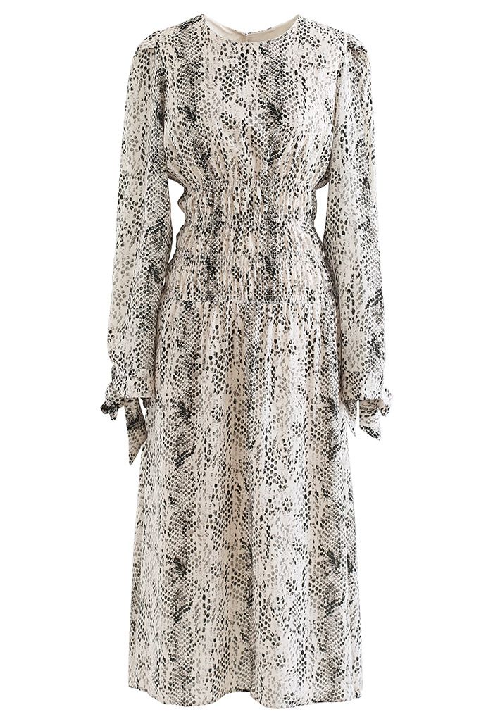 Snake Print Shirred Waist Midi Dress in Ivory - Retro, Indie and Unique  Fashion