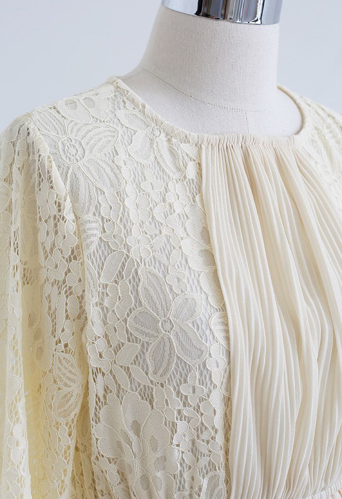 Floral Lace Splice Pleated Midi Dress in Cream - Retro, Indie and ...