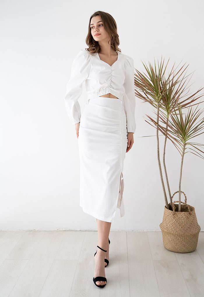 Puff Sleeve Crop Top and Drawstring Pencil Skirt Set in White