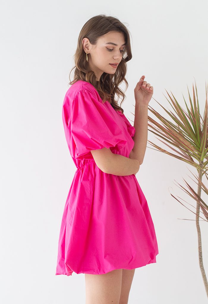 V-Neck Bubble Sleeves Cotton Dress in Hot Pink - Retro