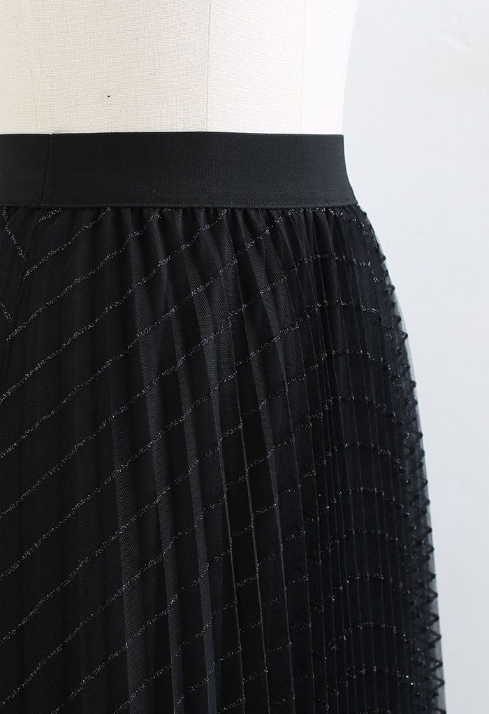 Glitter Stripe Pleated Mesh Skirt in Black