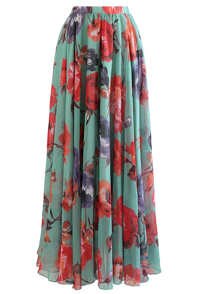 Full-Blown Flowers Chiffon Maxi Skirt - Retro, Indie and Unique Fashion
