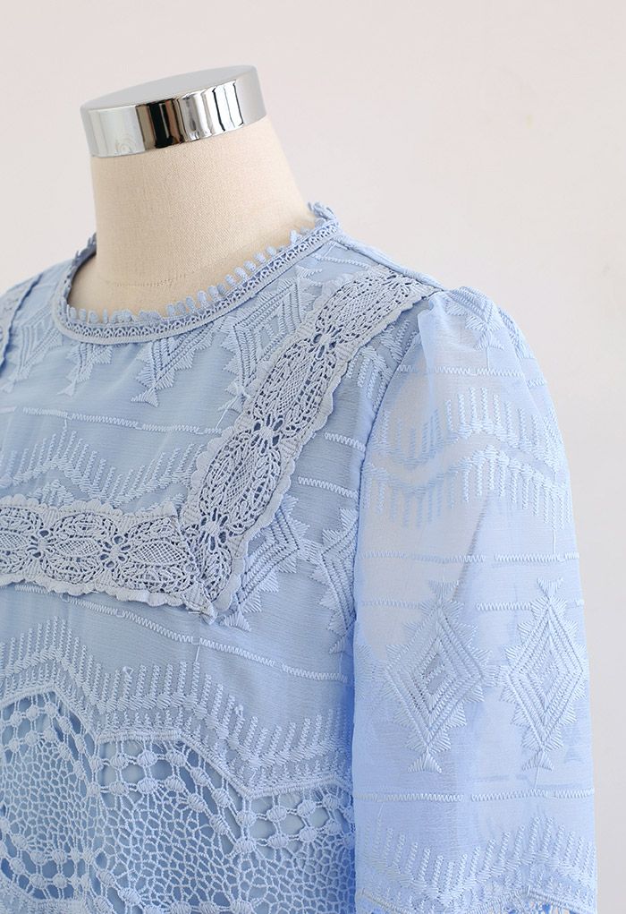 Zigzag Hem Crochet Organza Top In Blue - Retro, Indie And Unique Fashion