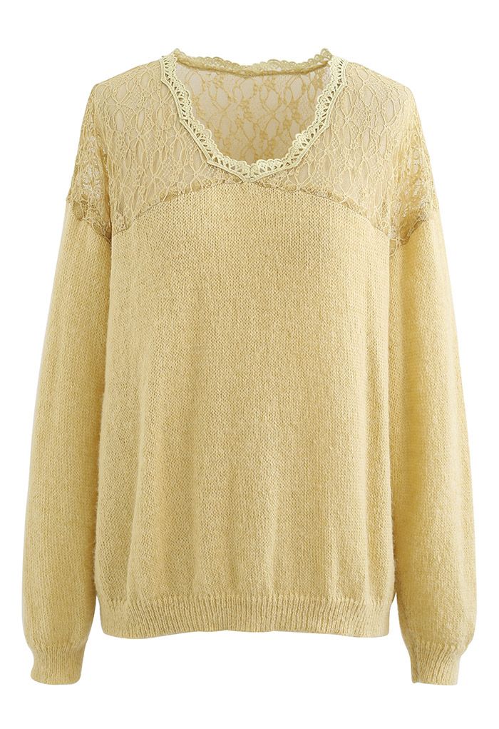 Soft Lace Spliced Knit Top in Mustard