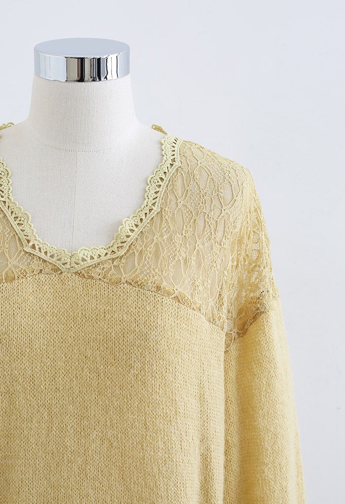 Soft Lace Spliced Knit Top in Mustard