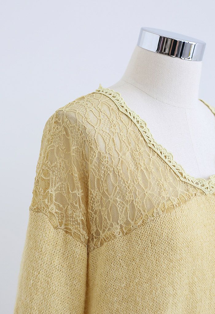 Soft Lace Spliced Knit Top in Mustard