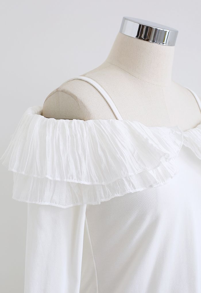 Ruffle Trim Cold-Shoulder Crop Top in White