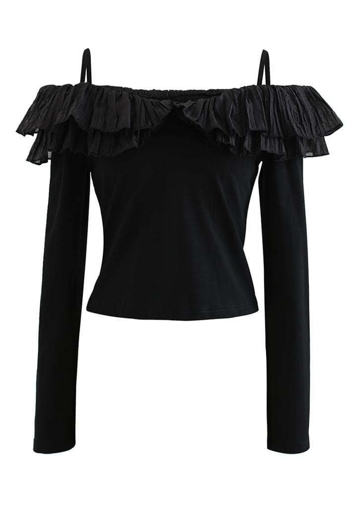 Ruffle Trim Cold-Shoulder Crop Top in Black