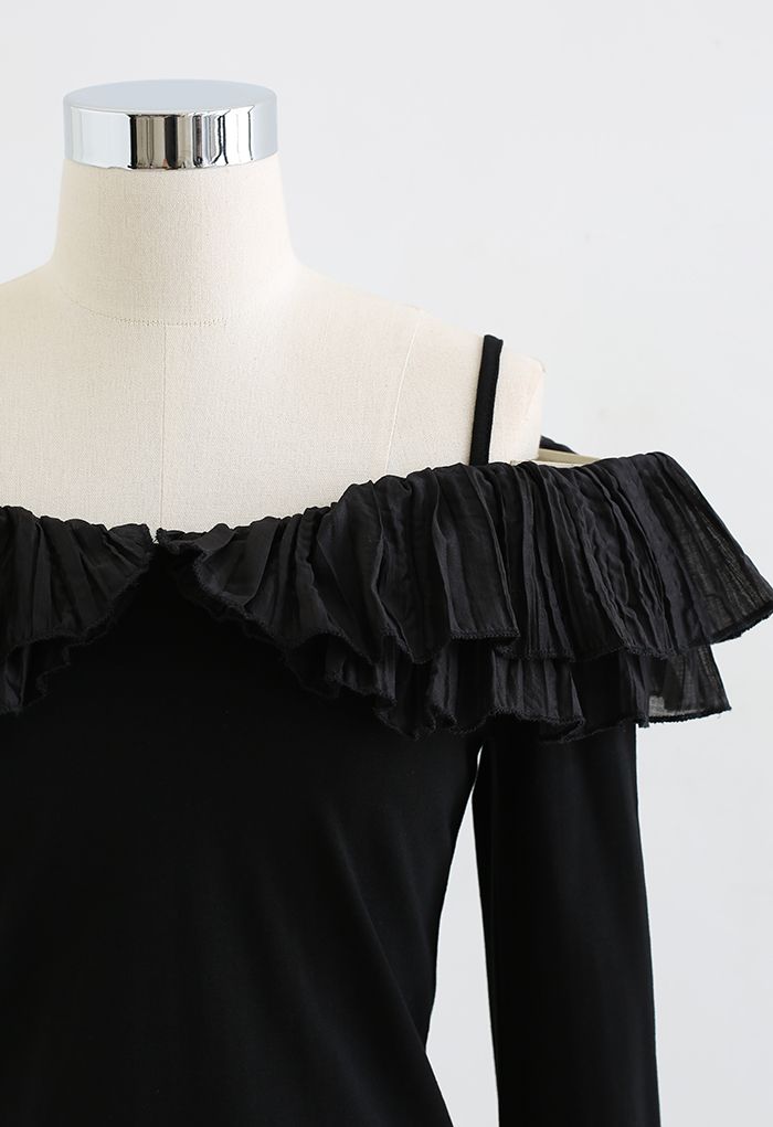 Ruffle Trim Cold-Shoulder Crop Top in Black