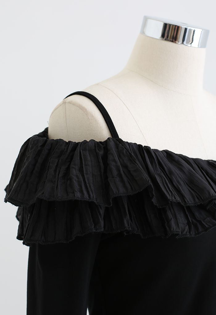 Ruffle Trim Cold-Shoulder Crop Top in Black