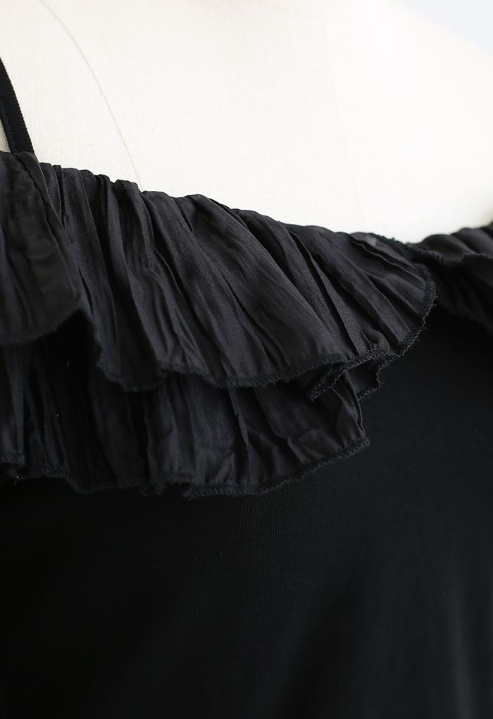 Ruffle Trim Cold-Shoulder Crop Top in Black