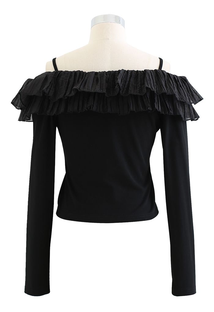 Ruffle Trim Cold-Shoulder Crop Top in Black