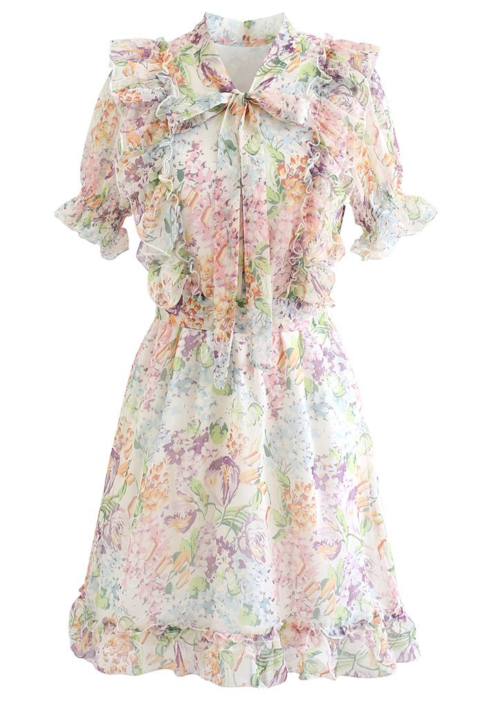 Multi-Floral World Ruffle Chiffon Mini Dress