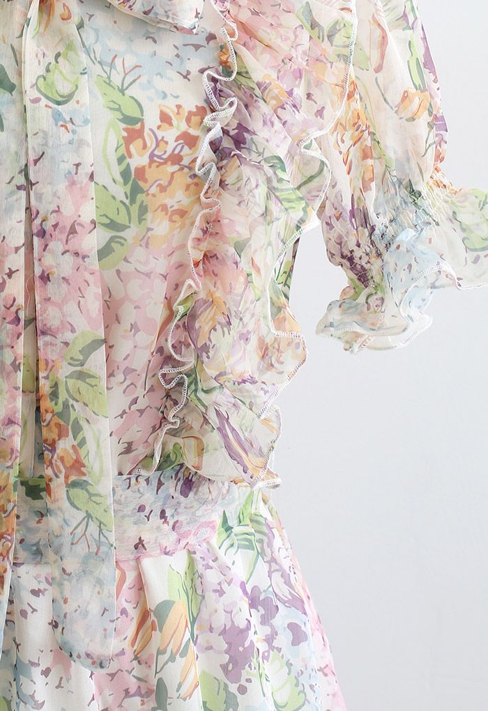 Multi-Floral World Ruffle Chiffon Mini Dress