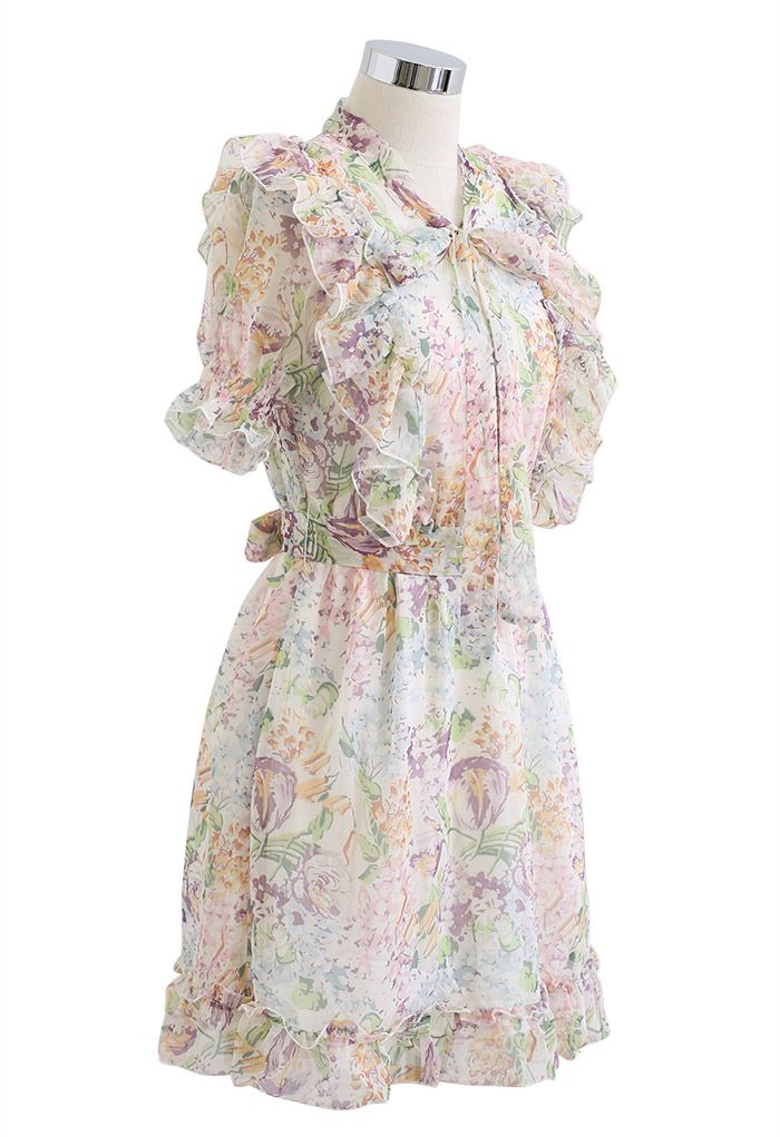 Multi-Floral World Ruffle Chiffon Mini Dress