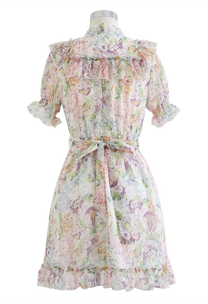 Multi-Floral World Ruffle Chiffon Mini Dress