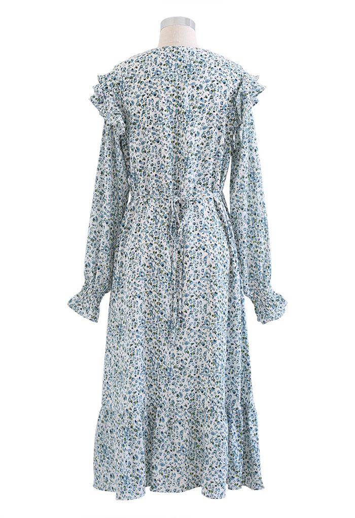 V-Neck Ditsy Floral Ruffle Midi Dress in Blue - Retro, Indie and Unique ...