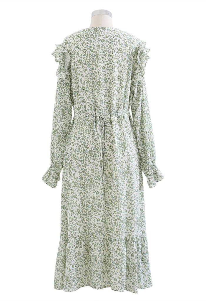 V-Neck Ditsy Floral Ruffle Midi Dress in Green - Retro, Indie and ...