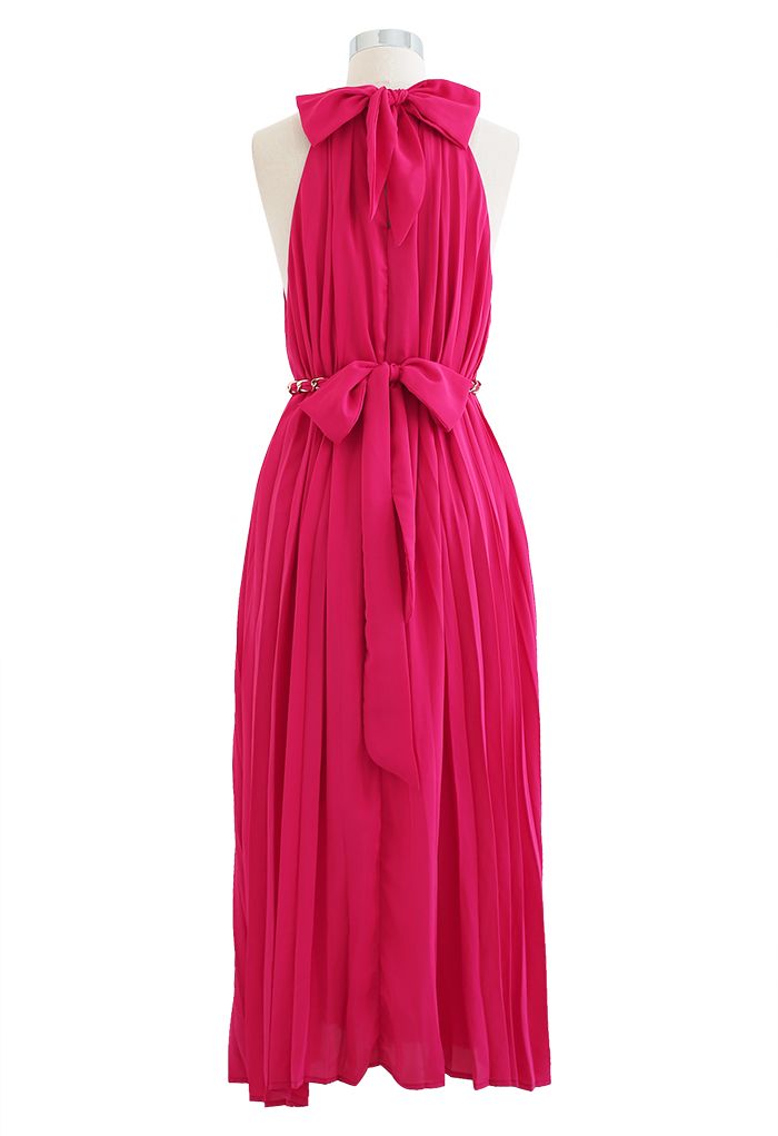 Everlasting Glow Shiny Magenta Pleated Halter Maxi Dress