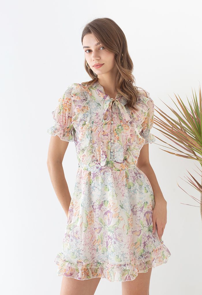 Multi-Floral World Ruffle Chiffon Mini Dress