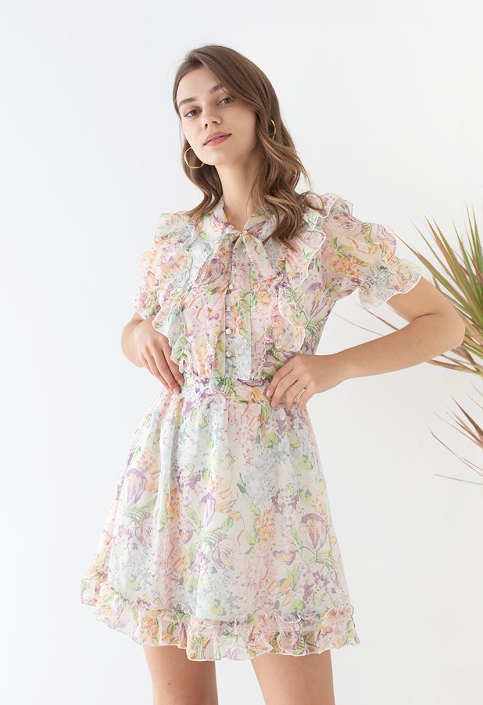 Multi-Floral World Ruffle Chiffon Mini Dress