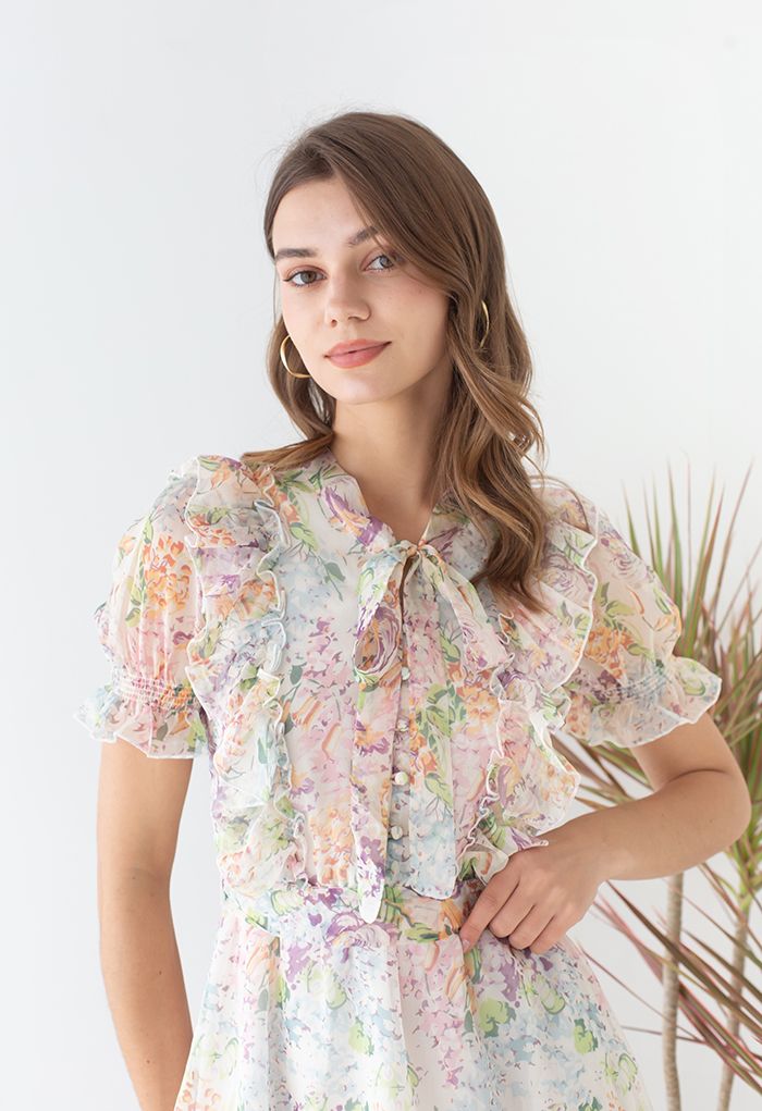 Multi-Floral World Ruffle Chiffon Mini Dress