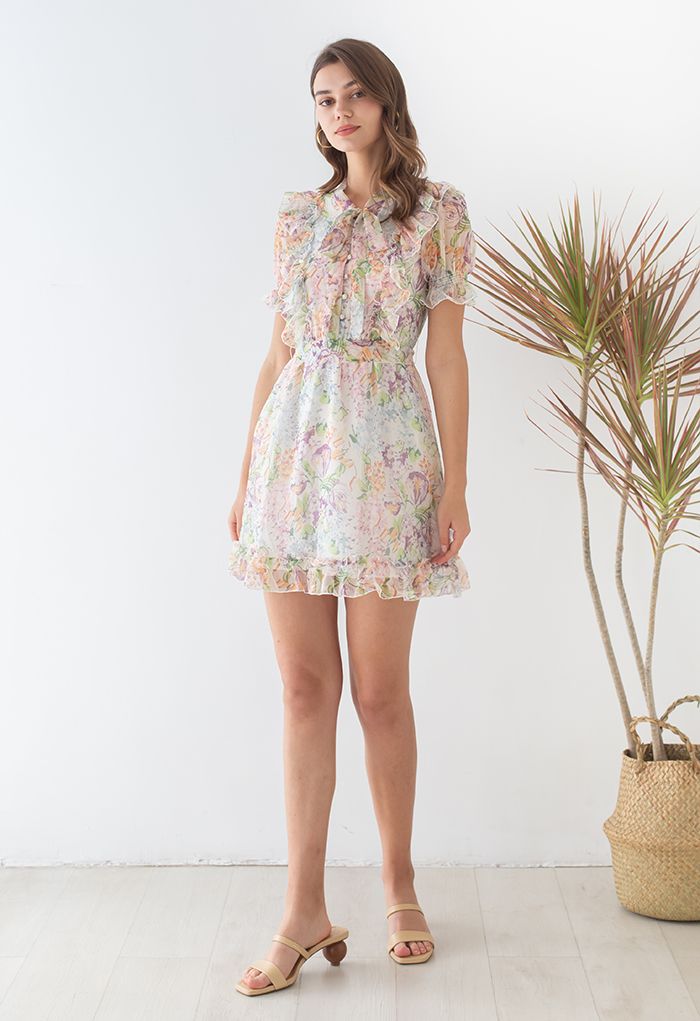 Multi-Floral World Ruffle Chiffon Mini Dress