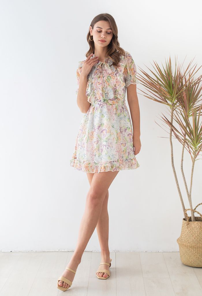 Multi-Floral World Ruffle Chiffon Mini Dress