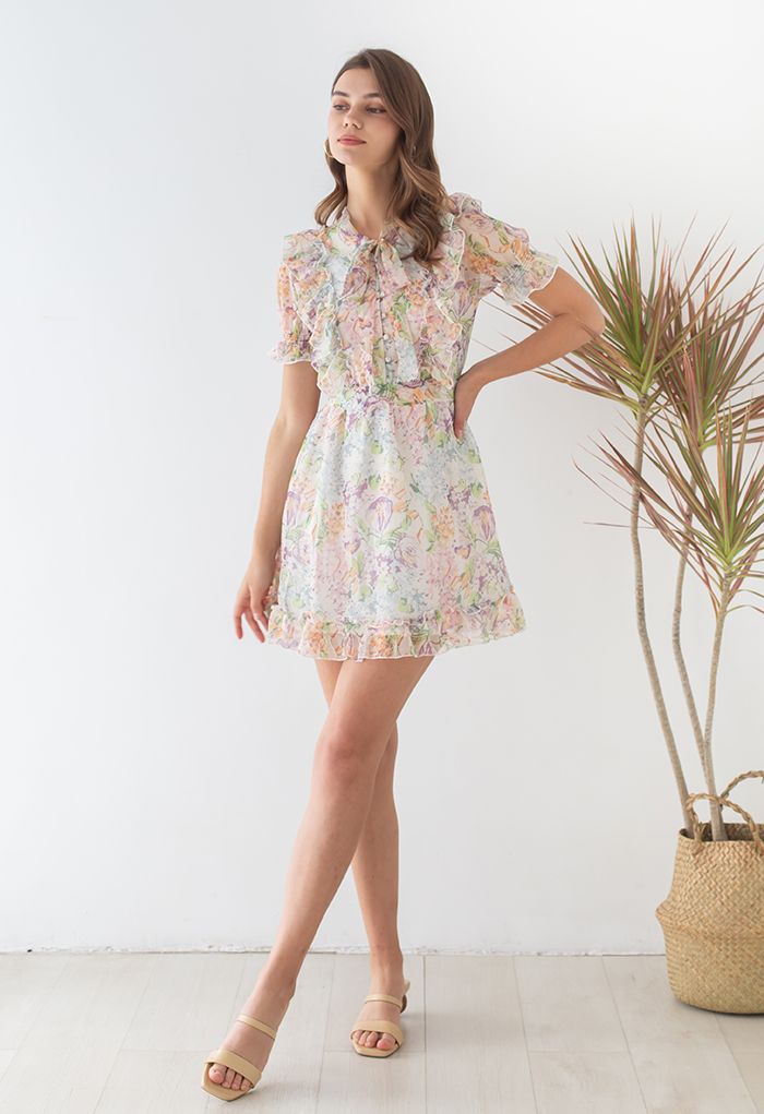 Multi-Floral World Ruffle Chiffon Mini Dress