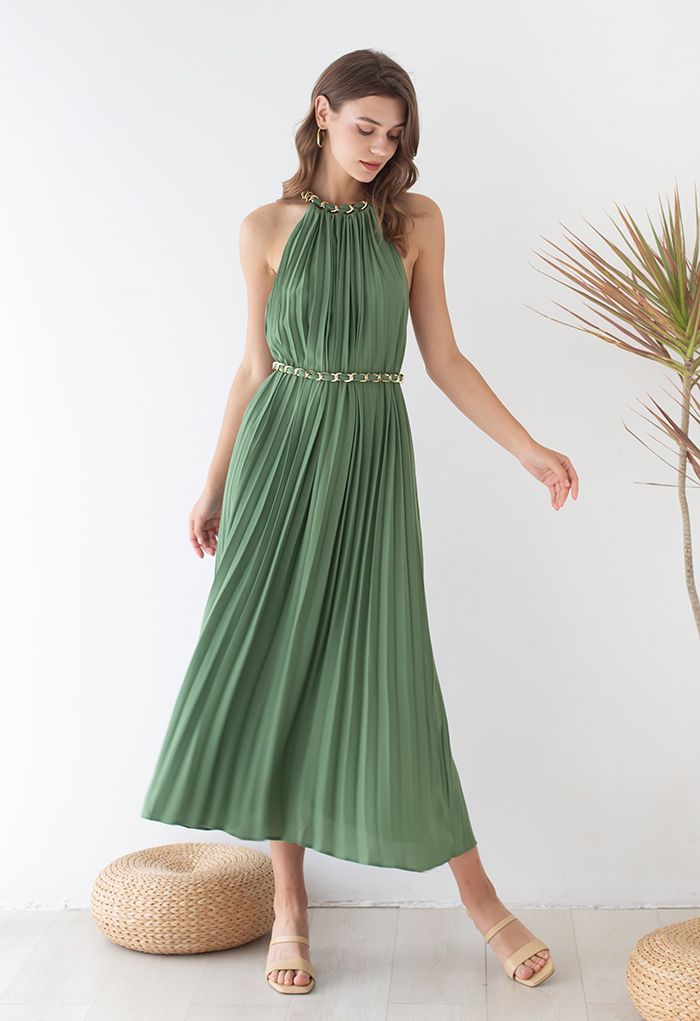 Golden Halter Neck Pleated Maxi Dress in Green - Retro, Indie and Unique Fashion