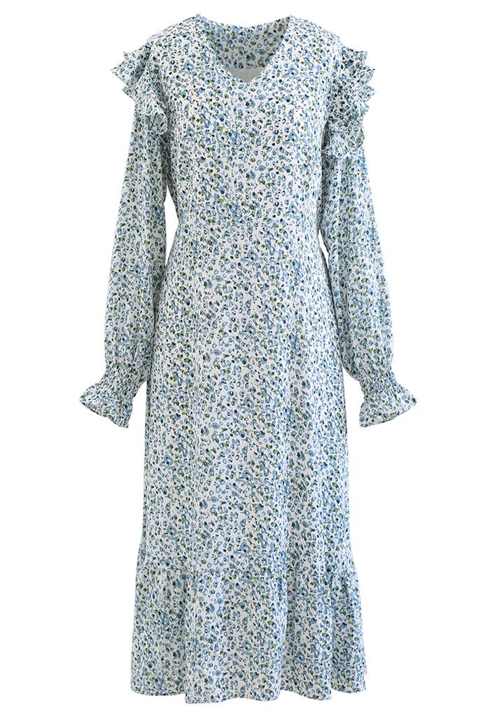 V-Neck Ditsy Floral Ruffle Midi Dress in Blue - Retro, Indie and Unique ...