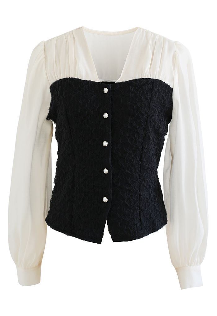 V-Neck Embossed Mesh Buttoned Top in Black