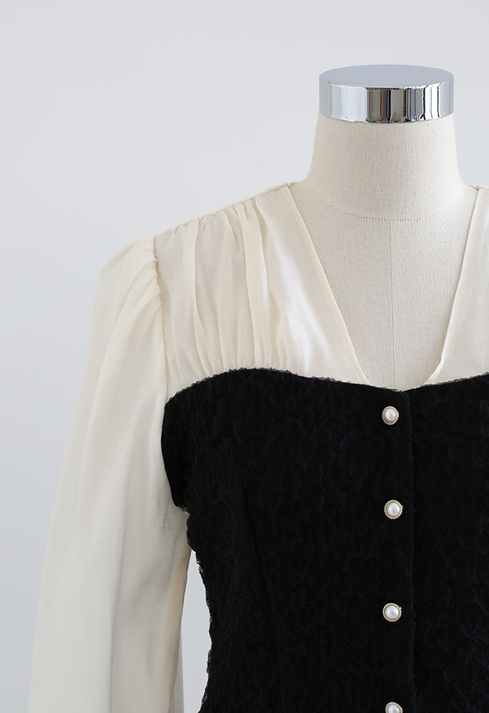 V-Neck Embossed Mesh Buttoned Top in Black