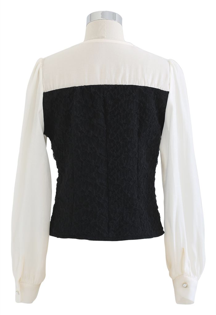 V-Neck Embossed Mesh Buttoned Top in Black