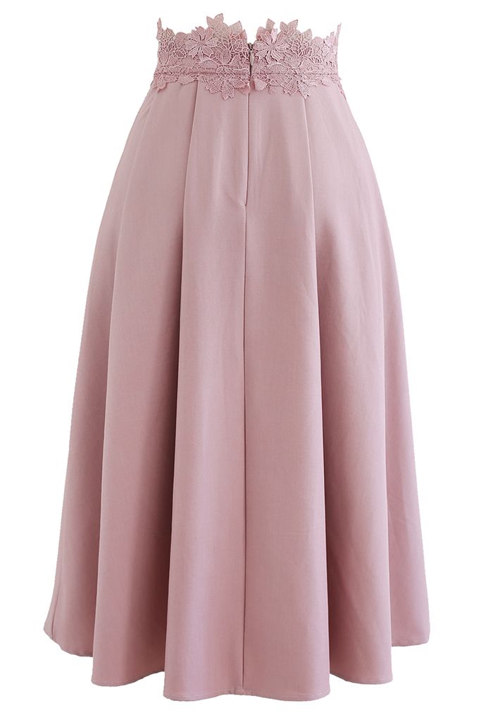 Lacy Waist Pleated Flare Midi Skirt in Pink - Retro, Indie and Unique ...