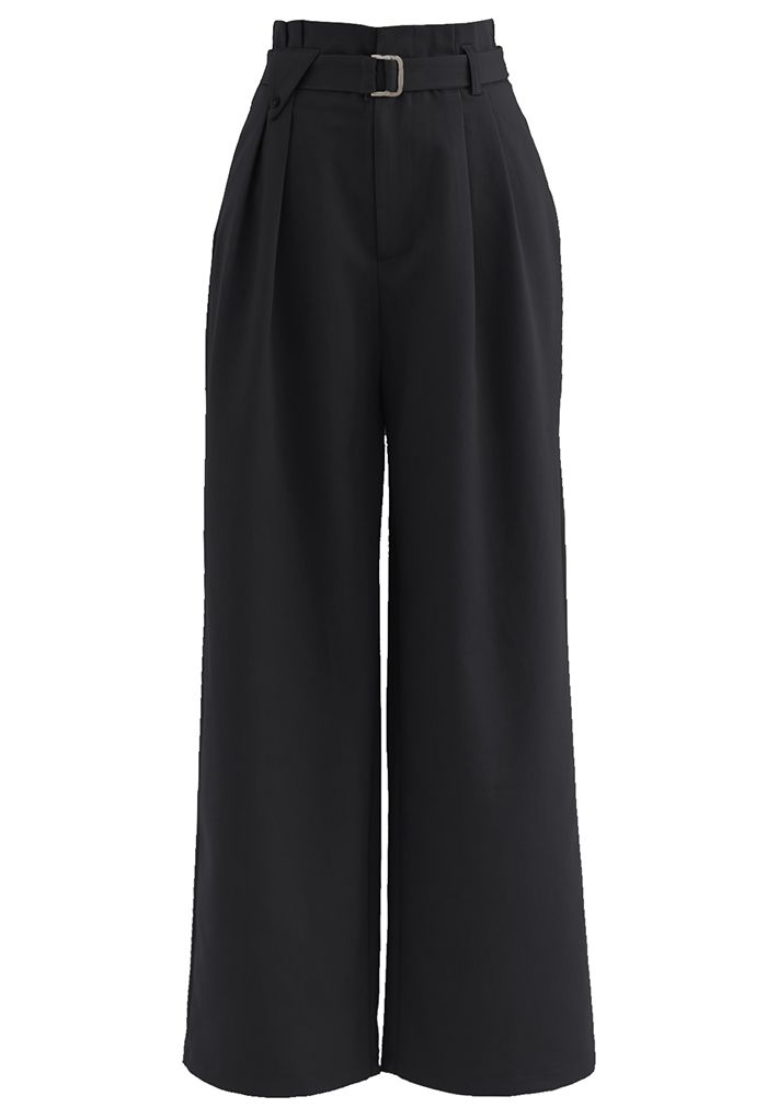 Side Pockets Belted Straight Leg Pants in Black - Retro, Indie and ...