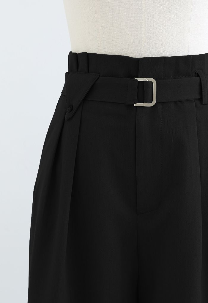 Side Pockets Belted Straight Leg Pants in Black - Retro, Indie and ...