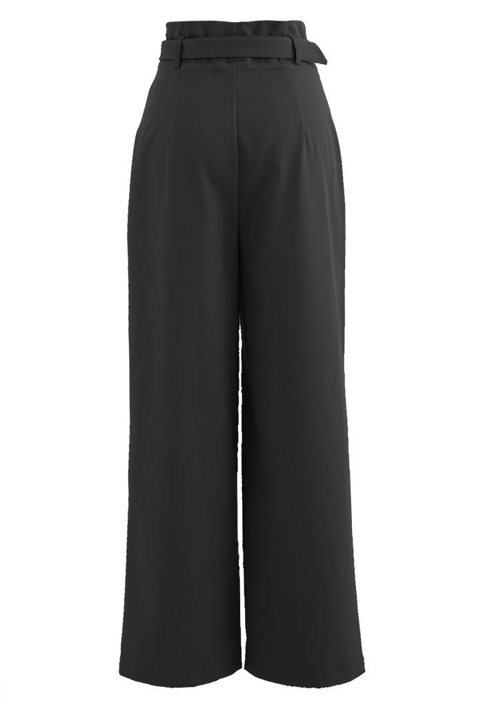 Side Pockets Belted Straight Leg Pants in Black