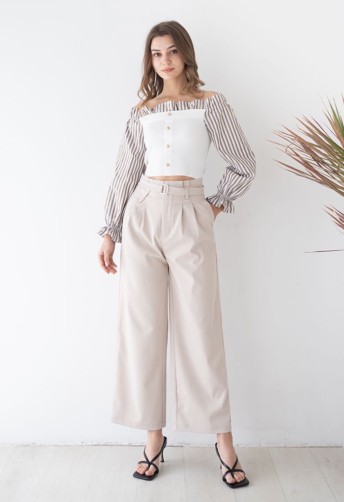 Side Pockets Belted Straight Leg Pants in Ivory - Retro, Indie and ...
