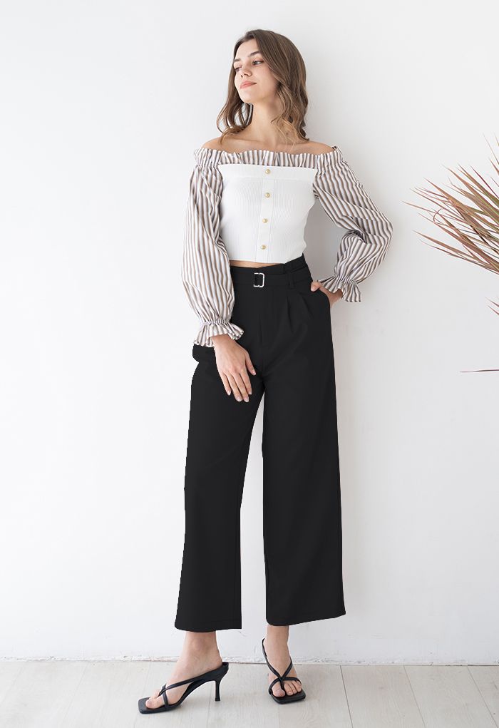 Side Pockets Belted Straight Leg Pants in Black