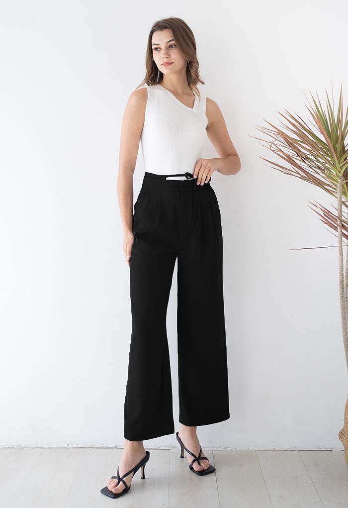 Self-Tie String Wide-Leg Pants in Black