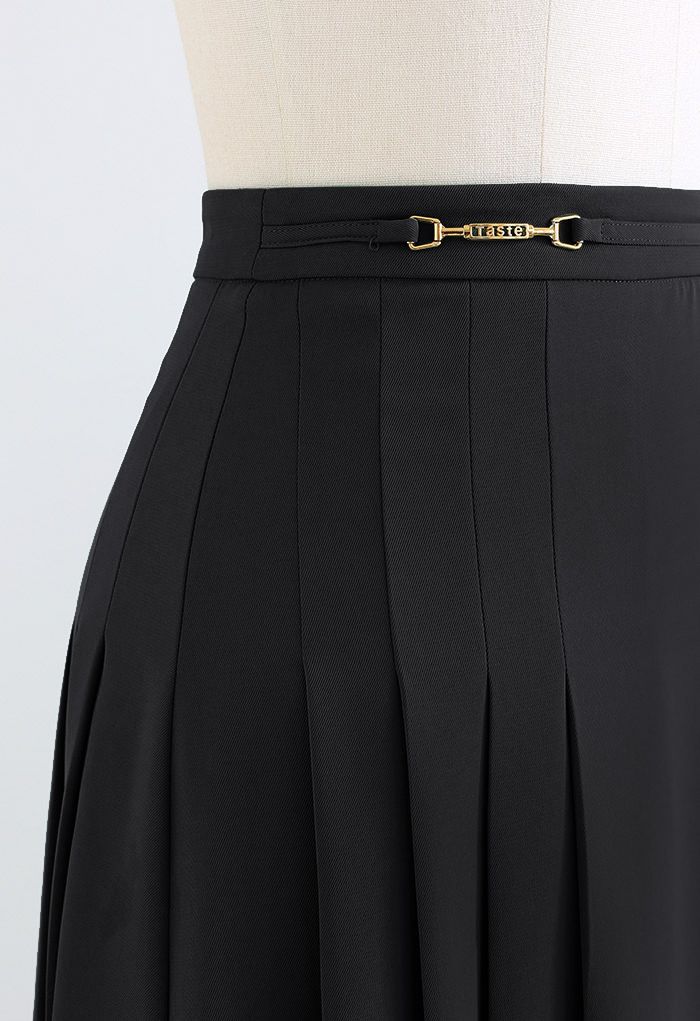 Horsebit Trim Side Pleat Midi Skirt in Black - Retro, Indie and Unique ...