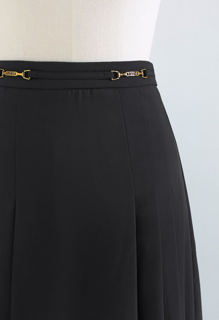 Horsebit Trim Side Pleat Midi Skirt in Black - Retro, Indie and Unique ...