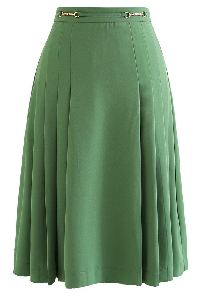 Horsebit Trim Side Pleat Midi Skirt in Green