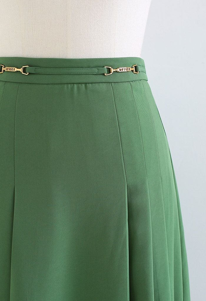 Horsebit Trim Side Pleat Midi Skirt in Green