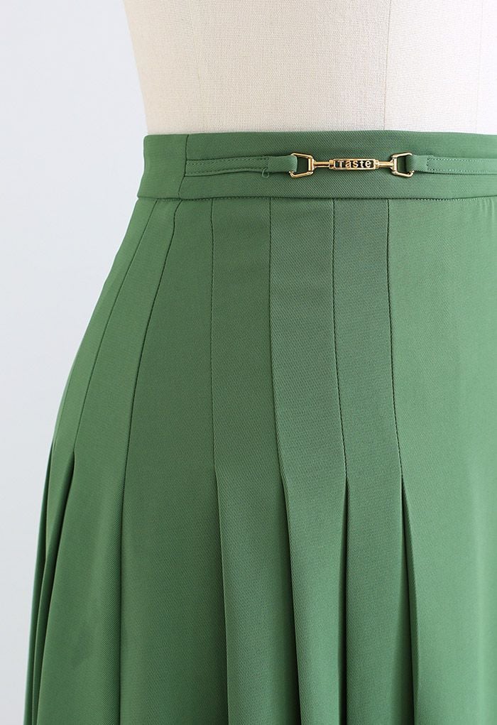 Horsebit Trim Side Pleat Midi Skirt in Green