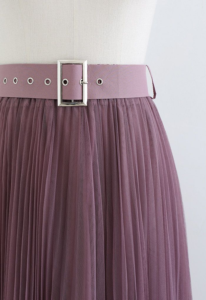 Full Pleated Double-Layered Mesh Midi Skirt in Berry - Retro, Indie and ...