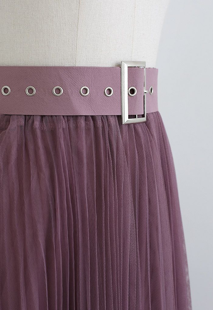 Full Pleated Double-Layered Mesh Midi Skirt in Berry - Retro, Indie and ...